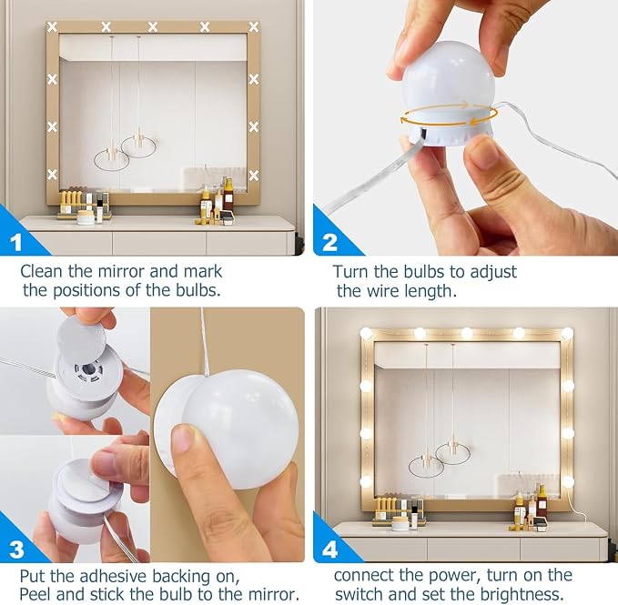 LED Vanity Mirror Lights,Hollywood Style 14 Dimmable Bulbs Stick On for Makeup Dressing Lighting,Adjustable Color Temp & Brightness,USB Cable