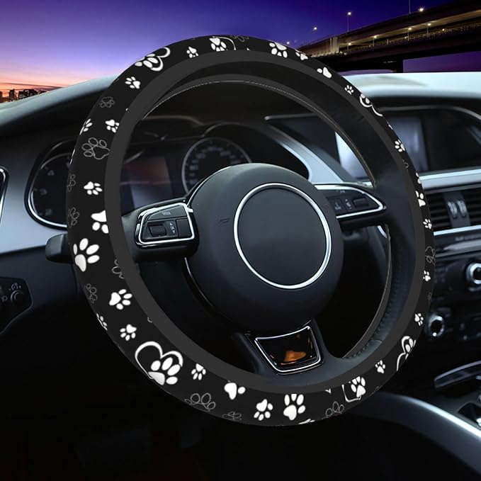 Paw Print Steering Wheel Cover - Black White Dog Paw Steering Wheel Car Accessories Universal 15 Inch Cute Steering Wheel Cover Girls Women Men Anti Slip Breathable Wheel Cover
