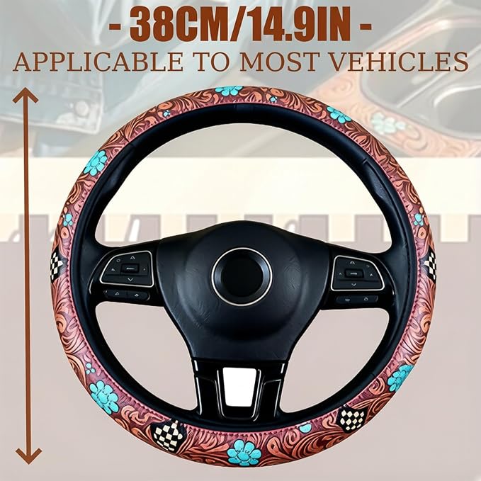 Western Cowboy Steering Wheel Cover - Retro Tooled Leather, Embossed Hand-Painted Design, Universal 15 Inch Anti-Slip Cover for SUV, Truck, Car, Breathable All-Weather, Easy to Install (Style-B)