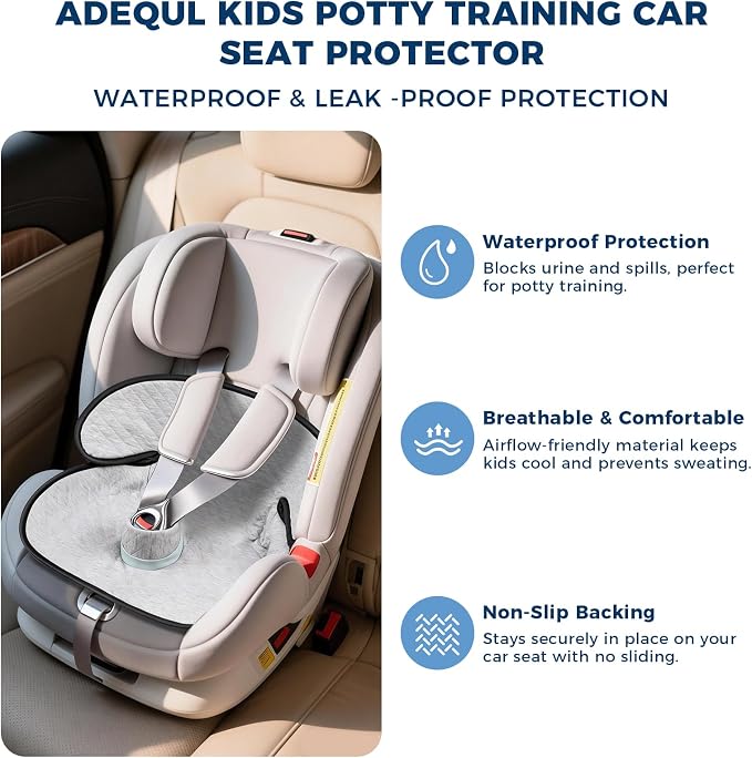 Potty Training Car Seat Protector, 2 Pack Waterproof Piddle Pads Carseat, 100% Leak-Proof Machine Washable Car Seat Liner, Non-Slip Crash-Test Approved Cover for Toddlers (Gray)