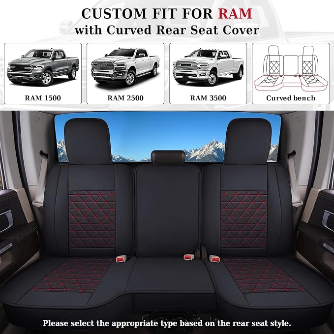 Coverado Seat Covers for Dodge Ram Full Set, Waterproof Truck Car Seat Cover Protectors Custom Fit for 2002-2026 Dodge RAM 1500 2500 3500 with Curved Bench(Red)