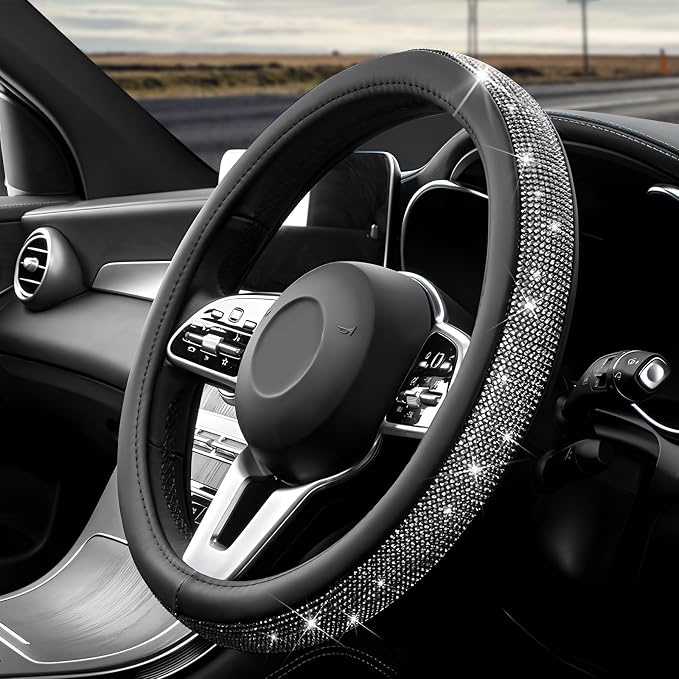 Diamond Leather Steering Wheel Cover, 15 Inch Bling Crystal Rhinestone Anti-Slip Wheel Protector, Universal Sparkling Elegant Diamond Steering Wheels Cover for Women Girl (Black)
