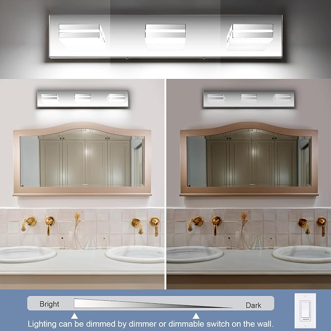 SineRise LED Modern Bathroom Vanity Light Fixtures (3-Light, 24-Inch, Dimmable), Chrome Modern Acrylic Bathroom Wall Lighting Fixtures Over Mirror (Cool White 6000K)