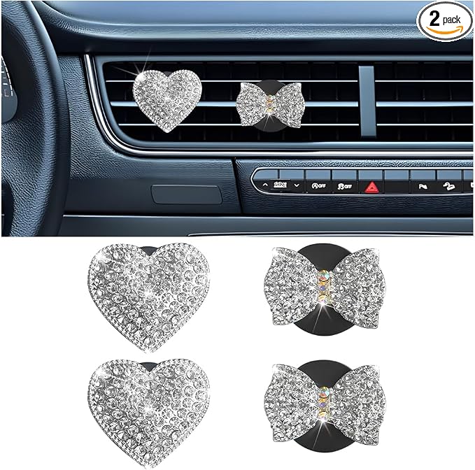 Bling Car Air Vent Clip, 2PCS Crystal Rhinestone Diamond Automotive Heart Shape Clip Charm, Cute Sparkling Vehicle Interior Decoration Accessories, Universal for SUV Sedan Trucks (Silver)