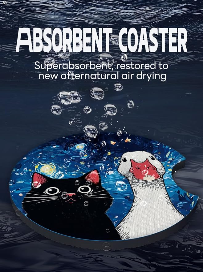 WOCOCN Car Coasters,Cup Holder Coasters for Car,2.75inch Anti Slip and Absorbent,Cute Automotive Interior Accessories for Cup Holder,Pack of 2 (Cat and Goose)