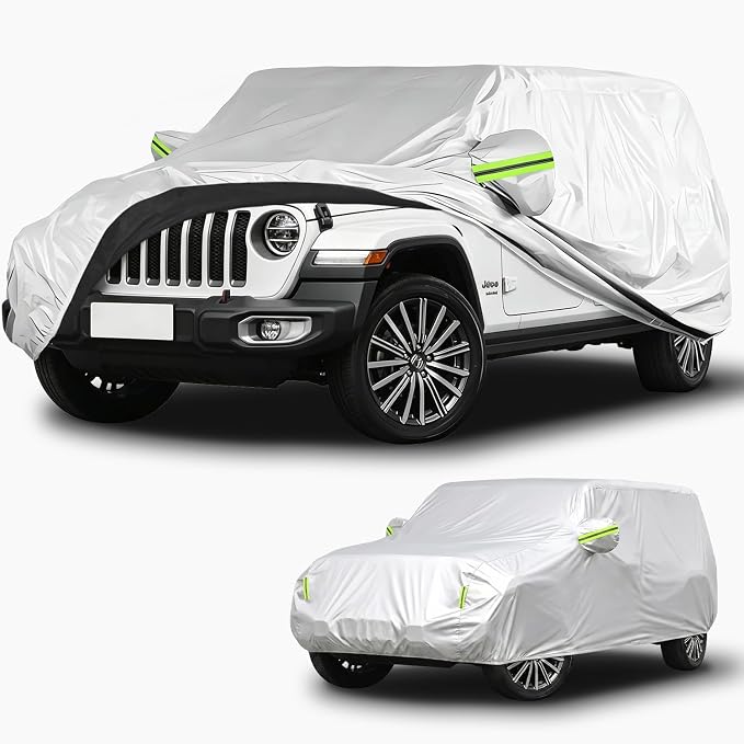 210D Oxford Car Cover Compatible with Jeep Wrangler 4 Door, Waterproof Outdoor Full Exterior SUV Protector, UV Rain Snow Dust, Windproof Straps, Reflective Strips, Silver, 197 x 79 x 75 in