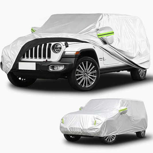 210D Oxford Car Cover Compatible with Jeep Wrangler 4 Door, Waterproof Outdoor Full Exterior SUV Protector, UV Rain Snow Dust, Windproof Straps, Reflective Strips, Silver, 197 x 79 x 75 in