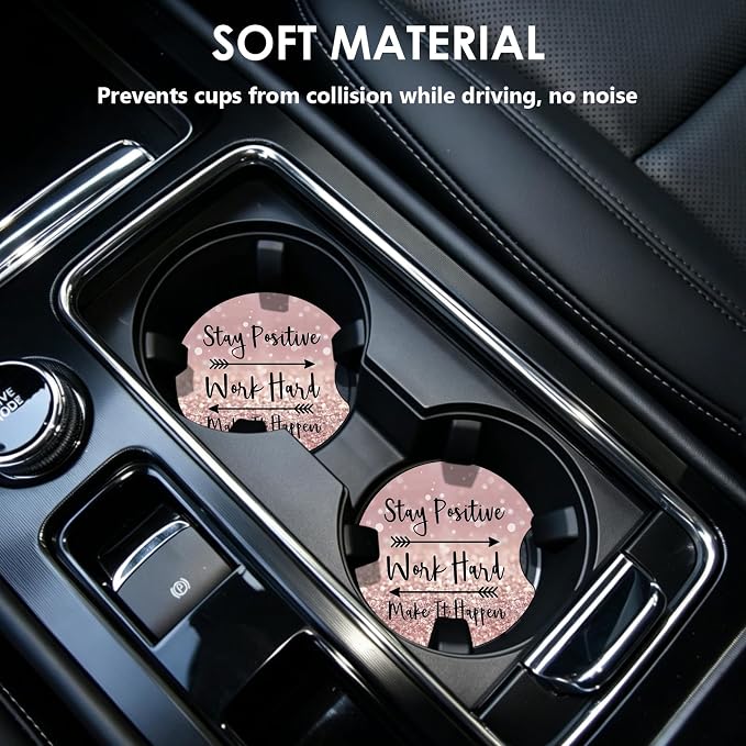 2 Pack Car Coasters，2.75-inch Neoprene Non-Slip Cup Holder Coasters for Car，Cute Car Interior Accessories for Men and Women，Pink Letters