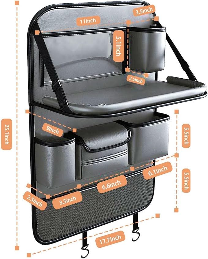 2 Pack Leather Car Seat Back Organizer with Foldable Tray Table, Backseat Car Organizer with Tablet Pocket, Cup Holders, Tissue Pocket, Mesh Pockets, Kick Mat Gray