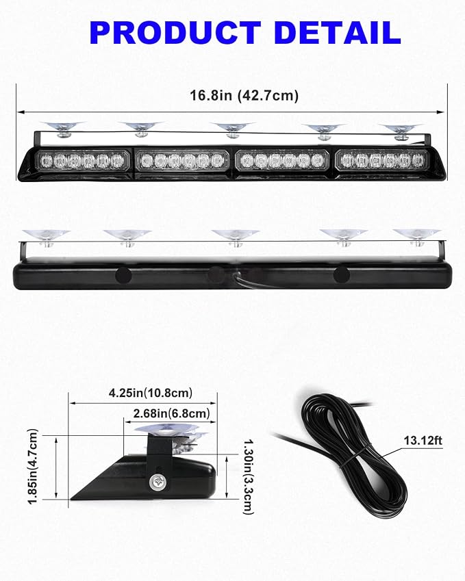 HLauto 6Z4J Emergency Dash Strobe Lights: 2x16.8 inch Blue White Safety Lights, 48 LED Flashing Warning Hazard Interior Windshield Visor Traffic Light Bar for Trucks, Construction Vehicles