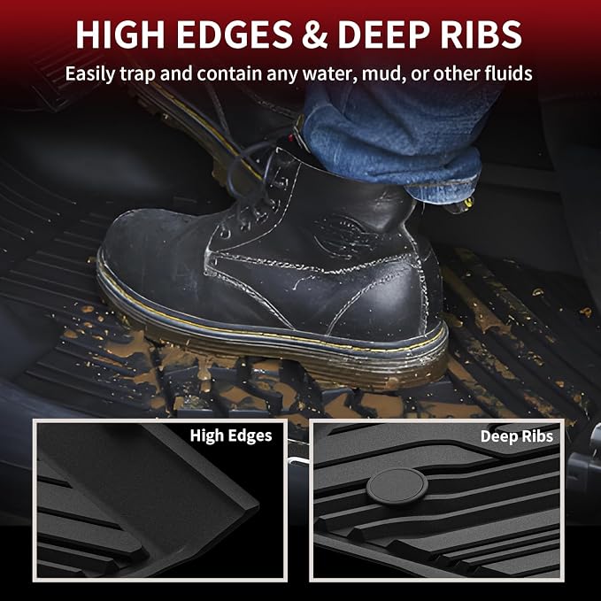 LASFIT Floor Mats Fit for Ford Ranger 2020-2023 SuperCrew Cab, All Weather TPE Truck Liners, Front and Rear Row Set, Black