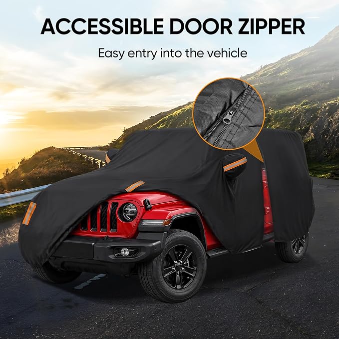 Car Cover for Jeep Wrangler 4 Door 2006-2026 JK JL Outdoor Waterproof Sun Rain Snow Hail UV Protection with Driver Door Zipper