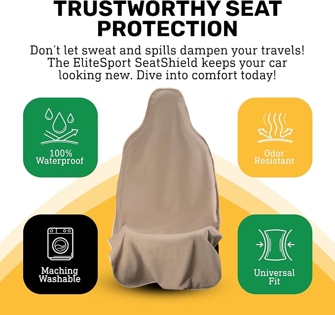 EliteSport Front Seat Cover, Universal Fit Waterproof, Sweatproof, Odor-Resistant, and Machine Washable Car Seat Protector with Non-Slip Underlayer for Pet, Travel, and Outdoor Adventure, Tan, 2Pack