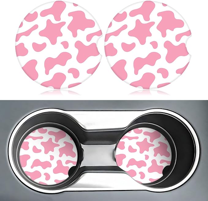 Pink Cow Print Car Coasters for Cup Holders,2 Pack Car Cup Holder Coasters for Car,Ceramic Absorbent Car Coaster with A Finger Notch and Cork Base,Car Interior Accessories for Women Men