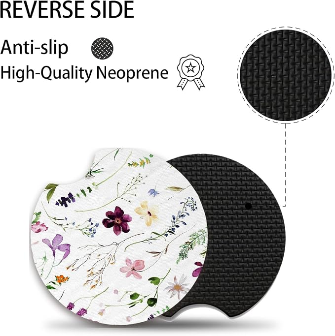 Wildflowers Universal Auto Anti Slip Insert Coasters, 2 Pack Rubber Car Coasters with A Finger Notch