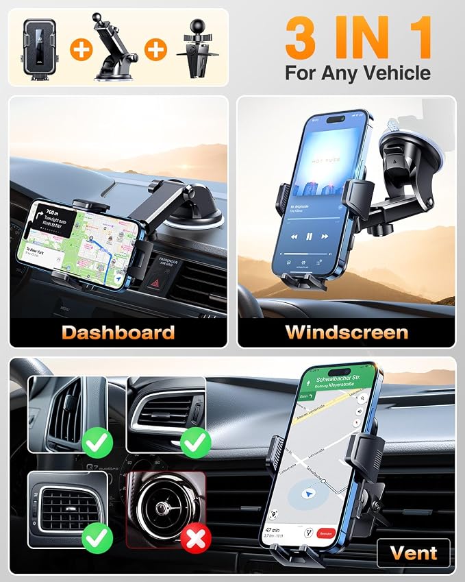 VANMASS 2026 Car Phone Holder【Military-Grade Strongest 90+LBS Suction】Phone Holder for Your Car Dashboard Windshield Vent Cell Phone Mount Truck Stand Cradle for iPhone 17 Pro Max 16 15 14 13 Android