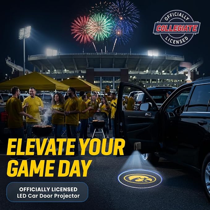 Sporticulture American Football Iowa Car Door Lights Logo Shadow Display - Officially Licensed NCAA Car Accessories - Show Your Team Pride - Battery Powered, Universal Fit
