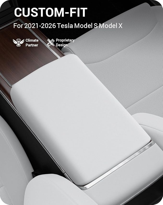 BASENOR Upgraded Tesla Model S Model X Center Console Cover Non-Slip TPE Armrest Cover [No Logo] Protector Armrest [Proprietary Design] 2021-2026 Tesla Interior Accessories White