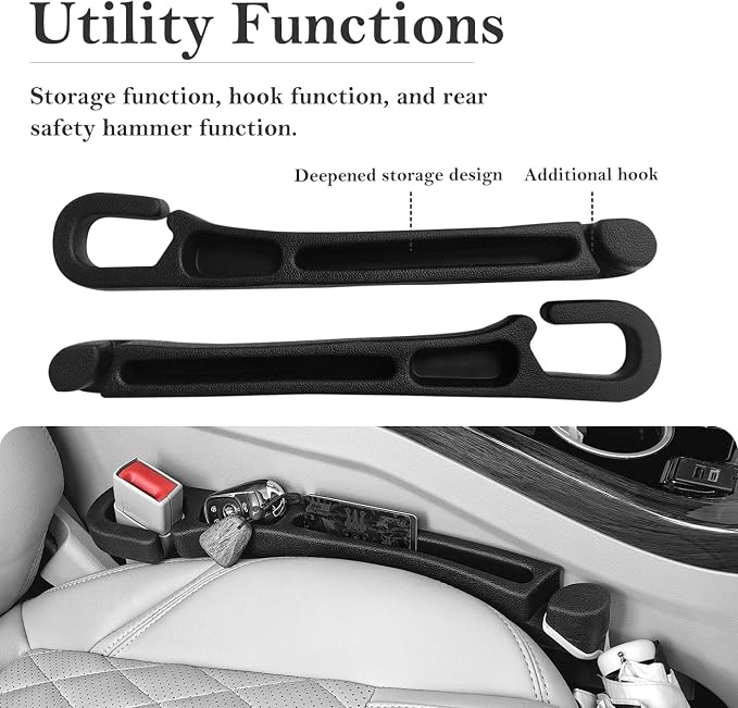 Car Seat Gap Filler with Organizer Hook, 2-Pack Car Seat Gap Plug | Fills Gap Between Seat & Console Prevent Small Items & Tools from Falling Seat Side Gap Fits Cars, SUVs, Trucks & Sedans