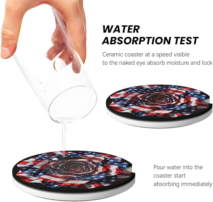 American Flag Rose 2 Pack Car Cup Holder Coasters Absorbent Ceramic Drink Coasters 2.56" Universal Anti Slip Cup Mat with Cork Base and Finger Notch Auto Accessories Interior for Women Men