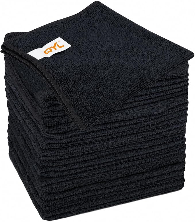 QYL Microfiber Cleaning Cloth,12 Pack Cleaning Rags, Cleaning Towels with 4 Color Assorted, 11.8"X11.8", Black