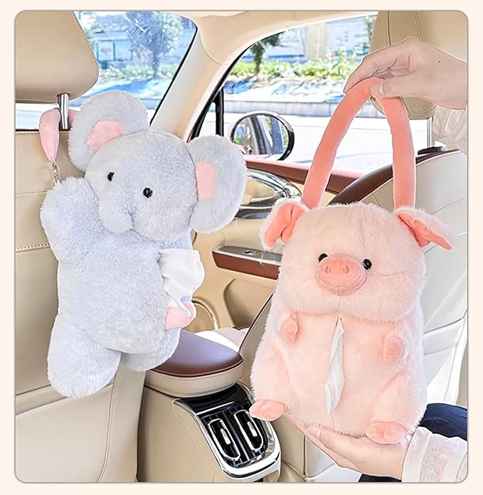 Tissue Box Cover Plush Tissue Box Holder for Car, Home, Decorative Holder/Organizer for Bathroom Vanity Countertop, Nightstands, Office Desk-Fuzzy Pig