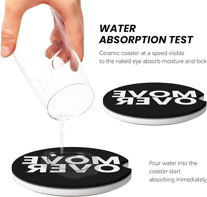 Move Over Car Cup Holder Coasters 2 Pack 2.63" for Women | Universal Anti Slip Ceramic Absorbent Coaster with Cork Base and Finger Notch Cute Car Accessories Interior