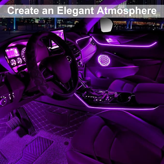 EL Wire Interior Car LED Strip Lights, 16.5FT USB Neon Glowing Strobing Electroluminescent Wire Strip with 6mm Sewing Edge, Ambient Lighting Kits for Car Indoor Decoration (Purple)