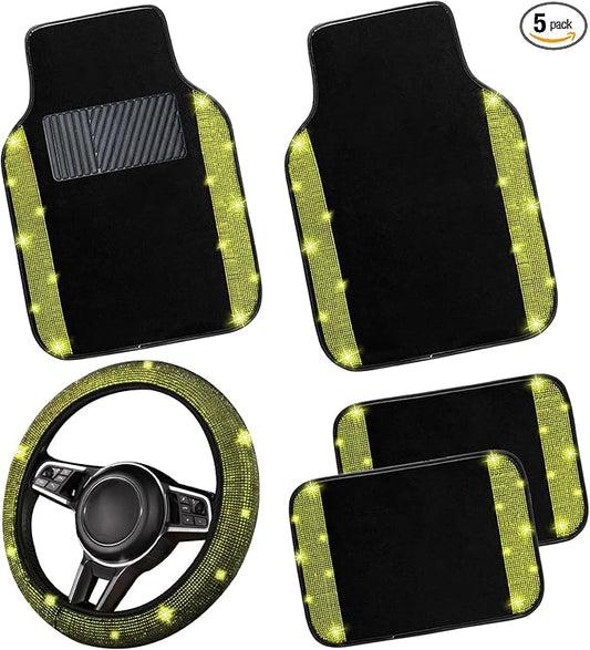 NBTEPEM Bling Car Floor Mats Full Set and Steering Wheel Cover, Universal Fit Most Cars, 4 pcs Sparkle Glitter Diamond Carpet, 5 pcs Bling Car Accessories Set for Women (Yellow Diamond)