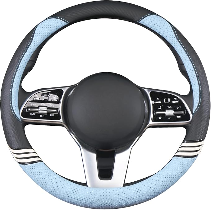 Small 14 inch Cute Leather Steering Wheel Cover Black and Blue | Breathable Non-Slip Faux Leather and Carbon Fiber Car Accessories for Women Men 13.5 inch to 14 inch