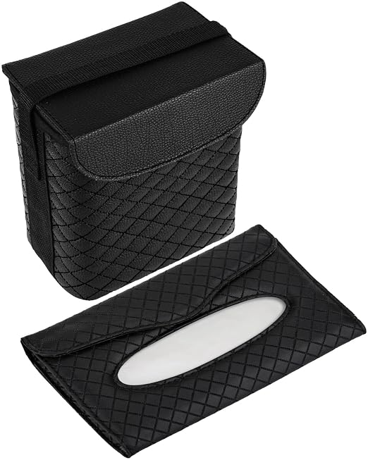 BELINOUS Leather Car Trash Can with Matching Tissue Holder | Waterproof and Leakproof, Mini Car Trash Can with Lid, Adjustable Strap, Small Garbage Bin