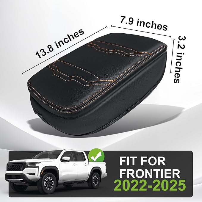 Muslogy Center Console Armrest Cover Fit for Nissan Frontier 2022-2025 2026 Accessories, Comfort Armrest Pad Console Lid Cushion Vegan Leather 1-Inch Extra Thick (V2 Orange Trim)