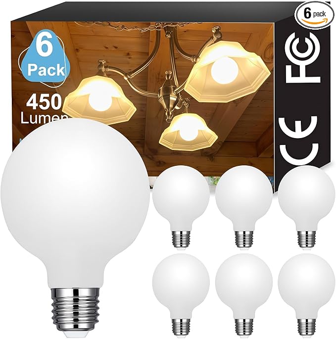 Vinaco Glass G25 led Globe Light Bulbs Dimmable 6W 120V 2700K for Bathroom | 6PCS, Milky Frosted Glass, 60W Eq. 450LM, 360°Beam,Warm White, NO Flicker, High CRI90+, E26 Base, for Makeup Mirror & Pendant