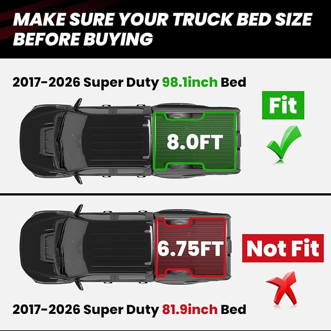 LASFIT Bed Mat 8' for Ford F250/F350/F450 2017-2026 Super Duty | 96" Truck Bed Liner, All Weather TPE Car Bed Mat for F-250 F-350 F-450, 1PC Black