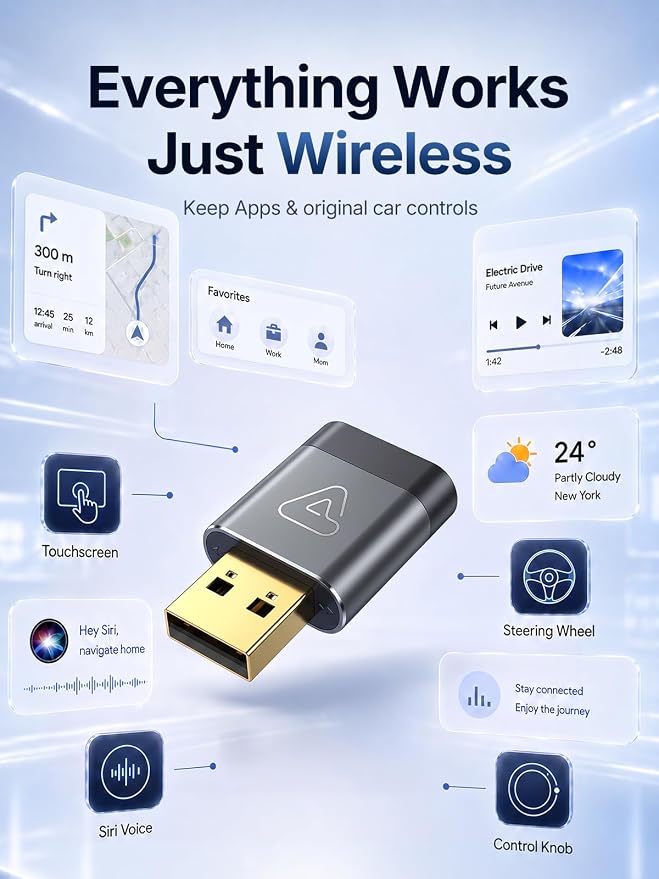 Wireless CarPlay Adapter for Apple Daily Commute, Wired to Wireless | Ultra Mini, Cooling Design, Fast Stable Connection, Easy to Set Up, USB C/A, Bluetooth 3s Reconnect, Maps Music Calls