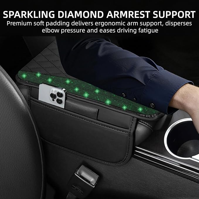 NBTEPEM Bling Car Center Console Cover, Leather Middle Console Cover with 2 Storage Bags, Universal Arm Rest Cover Protector, Bling Car Accessories Interior Fit for Most Vehicles, Green Diamond