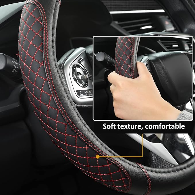 West Llama Car Steering Wheel Cover for Mazda 3,5,6,CX-3,CX-5,CX-30,CX-50,CX9,CX-9,MX-5 Miata,CX-7,RX-8,14.5-15 inches(Diamond Quilted-Black+Red-Standard Size)