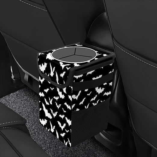 Car Trash Can with Lid Black and White Goth Bats Collapsible Reusable Leak-Proof Auto Garage Bag,Hanging Vehicle Car Accessories Interior Car Organizer