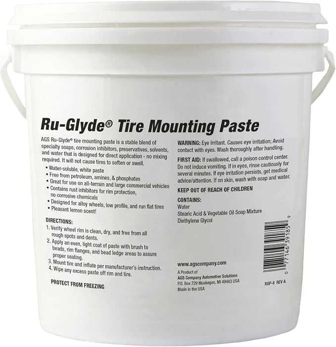 AGS Ru-Glyde Tire Mounting Paste - 8lb Pail - Premium Quality Tire Mounting Lubricant, Ensures Smooth, Efficient Tire Installation - Perfect for Automotive/Industrial Use - Prevents Rim/Tire Damage