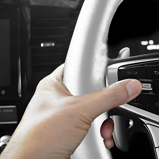 Genuine Leather Steering Wheel Cover, 15 Inch Stitch on Wheel Wrap with Needles & Threads, Breathable Steering Wheel Protector DIY Sewing Wrap for Car Truck SUV (Gray, Glossy)