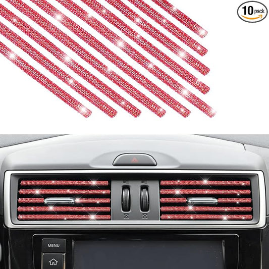 10 PCS Bling Car Air Vent Outlet Trim, Rhinestone Air Conditioner Decoration Strip for Vent Outlet, Universal Bendable Trim Interior Accessories for Most Air Vent Outlet (Red)