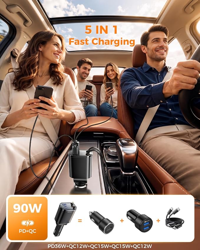SUPERONE 5 in 1 Retractable Car Charge with Dual Type C Cables, 90W Fast Charging Car Charger, Ultra-Compact USB C Car Accessories Adapter for iPhone 17/16/15/14/13, Galaxy, iPad, Black