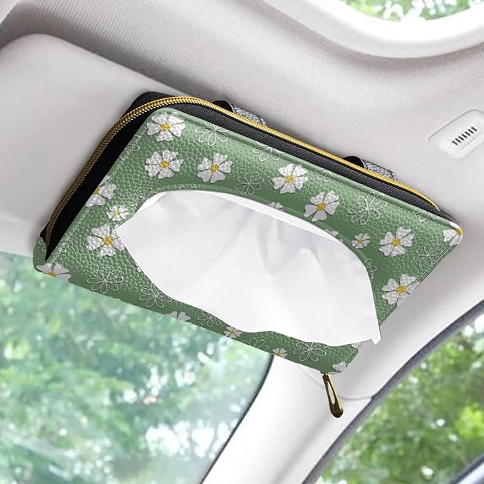 Daisies Backseat Tissue Case Holder Hanging Visor Tissue Holde PU Leather Tissue Box Napkin Holder Green