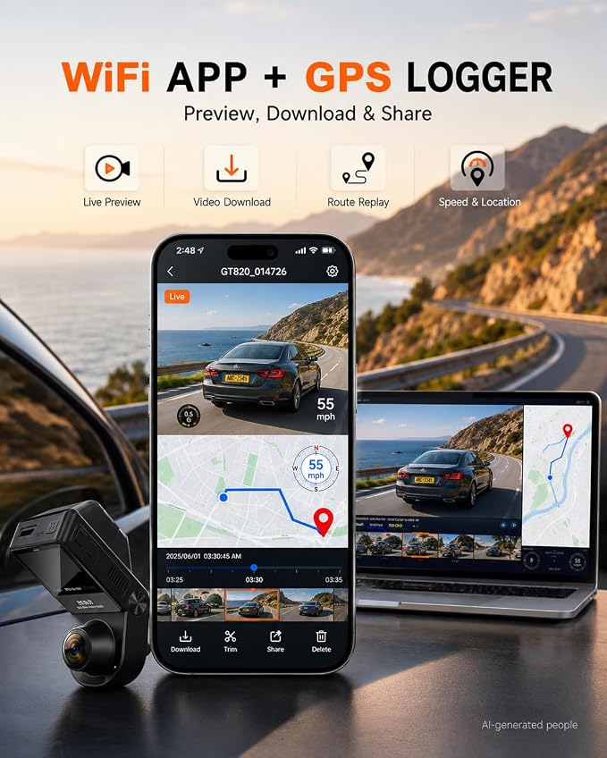360° Dash Cam Front and Inside 4K+2.5K, 2 Channel Dashcam for Car | 185° Cabin Fisheye Car Camera with Night Vision, WiFi APP, GPS, G-Sensor, Parking Mode and 64GB Card Included