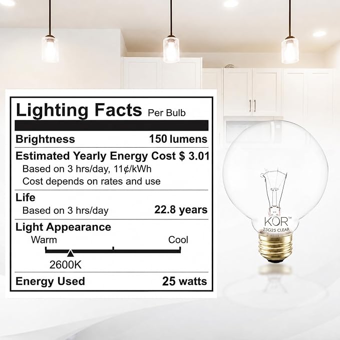 (4 Pack) G25 Globe Light Bulbs – 25W Incandescent, 2700K Soft White, E26 Base, Dimmable – Crystal Clear Vanity Bulbs for Bathroom, Mirror, Pendant Fixtures