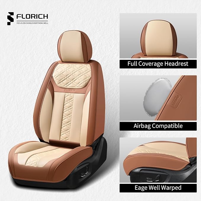 FLORICH Seat Covers, Front Seat Covers 2 PCs, Automotive Seat Cover for Cars, Luxury Leather Universal Seat Cover Accessories Fit for Most Cars SUV Truck Sedans(Beige)