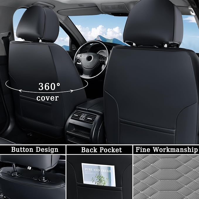 Coverado Leather Seat Covers, Car Seat Covers Full Set, Nappa Leather Seat Covers for Cars, Car Seat Protectors Waterproof, 5 Seats Black&Gray Automotive Seat Covers Fit for Most Cars Trucks