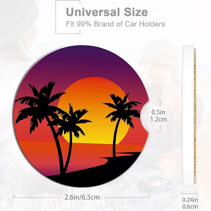 Tropical Palm Trees Coasters for Car & Beach Sunset Cute 2 Pack Anti Slip Ceramic Car Cup Holder Accessories with Finger Notch for Women & Men 2.56"