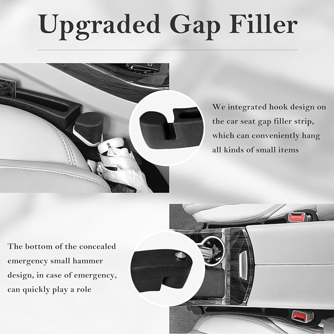 Car Seat Gap Filler with Organizer Hook & Emergency Glass Breaker (2-Pack) | Prevent Small Items & Tools from Falling Ultimate Seat Side Gap Fits Cars, SUVs, Trucks & Sedans