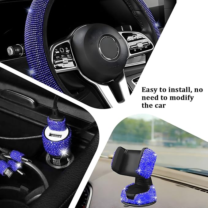 27PCS Bling Car Accessories Set for Women, 14.5-15" Rhinestone Steering Wheel Cover Cup Coaster, USB Charger Phone Holder Headrest Hook, Diamond Auto Interior Decor, Universal Fit (Blue)